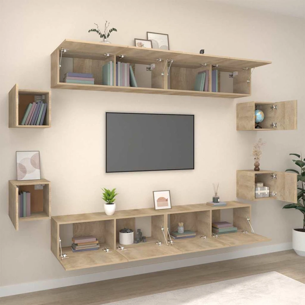 TV staliukas Televizoriaus spintelių komplektas, 8 dalių, ąžuolo, mediena