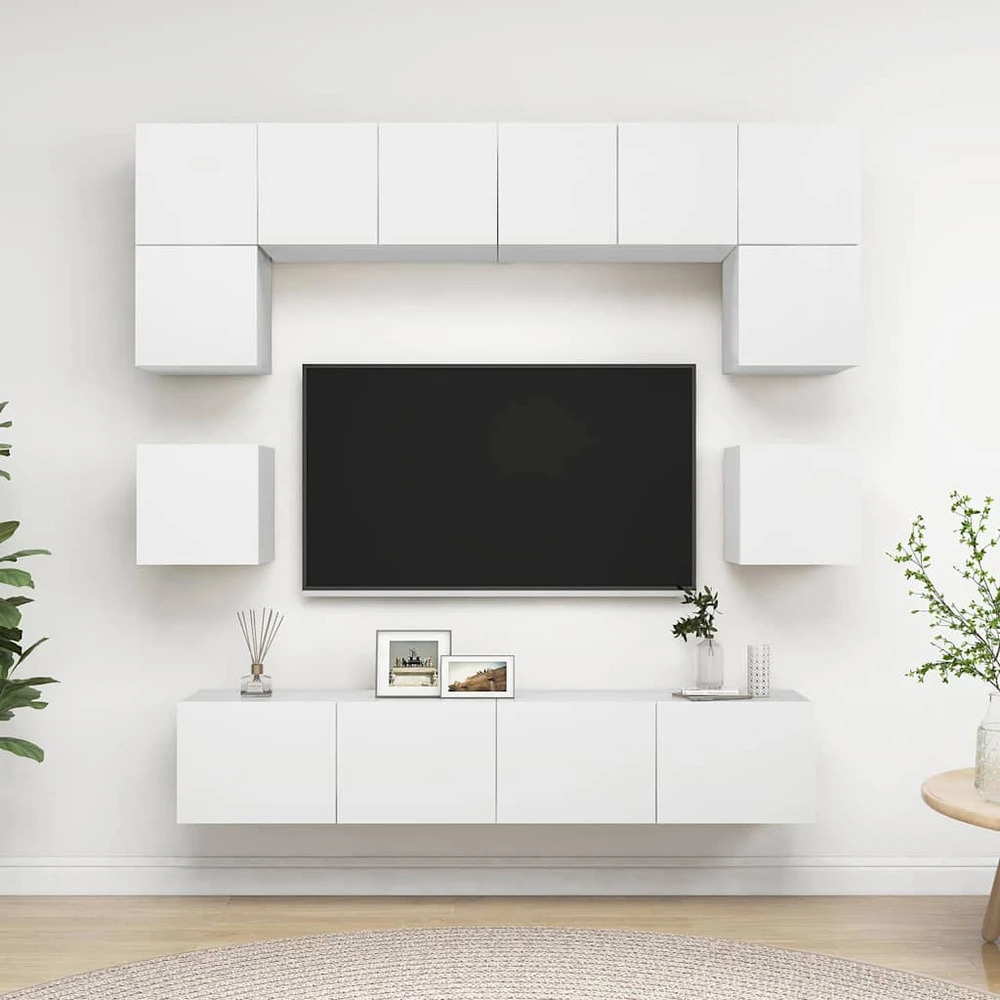TV staliukas Televizoriaus spintelių komplektas, 8 dalių, baltas, mediena