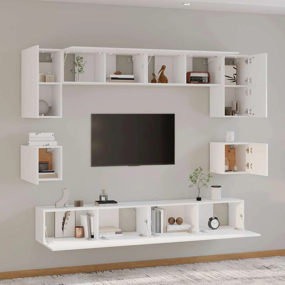 TV staliukas Televizoriaus spintelių komplektas, 8 dalių, baltas, mediena