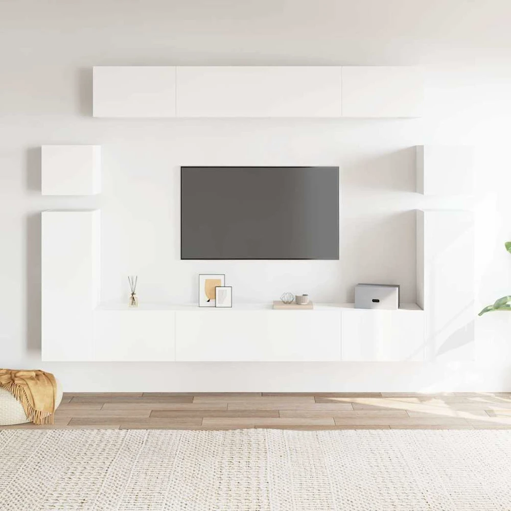 TV staliukas Televizoriaus spintelių komplektas, 8 dalių, baltas, mediena