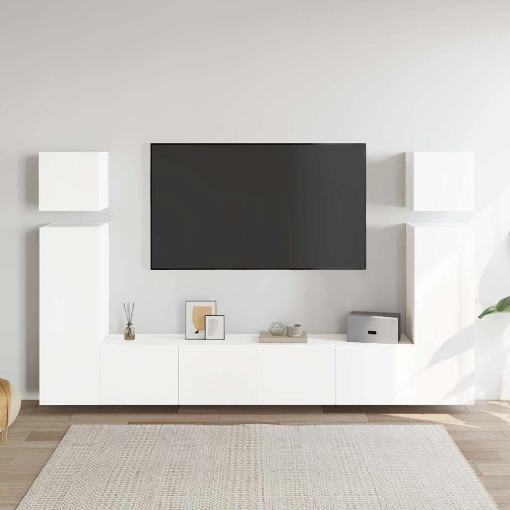 TV staliukas Televizoriaus spintelių komplektas, 8 dalių, baltas, mediena