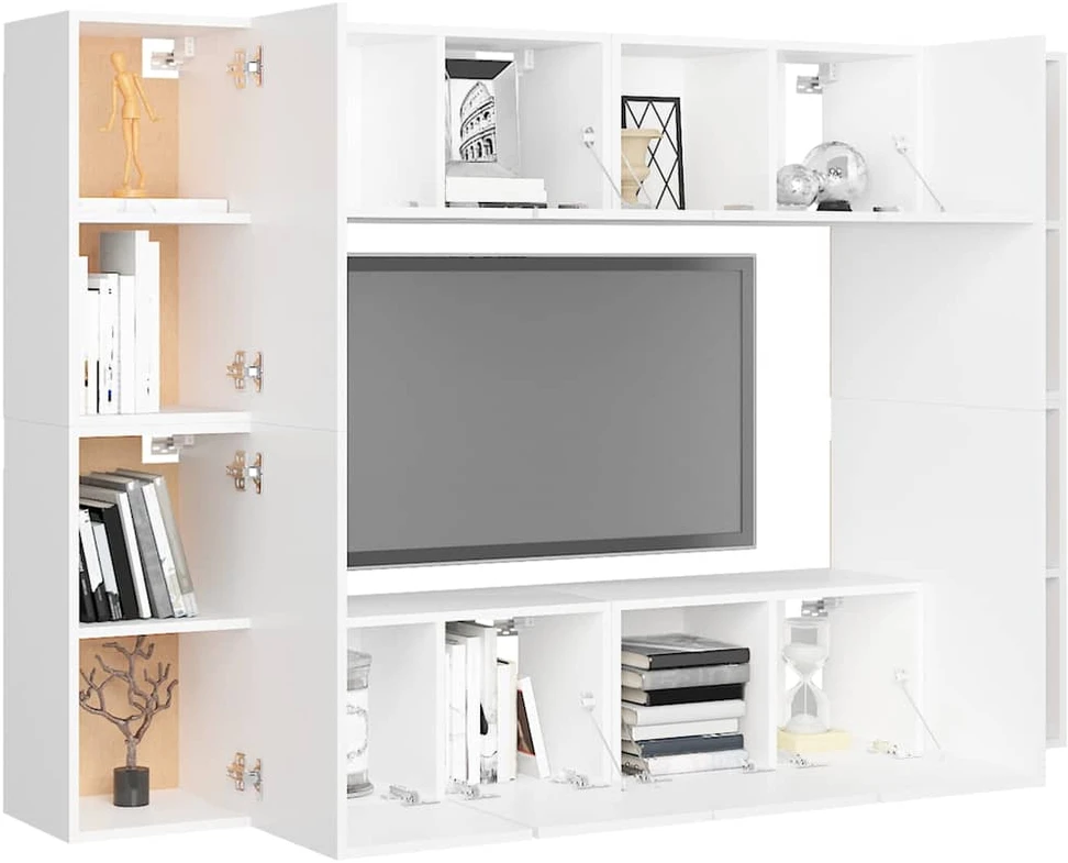 TV staliukas Televizoriaus spintelių komplektas, 8 dalių, baltas, mediena