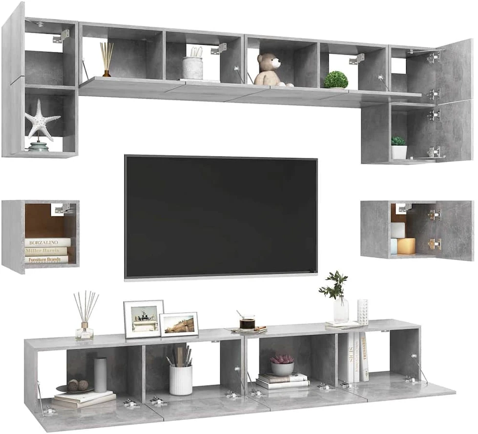 TV staliukas Televizoriaus spintelių komplektas, 8 dalių, betono, mediena