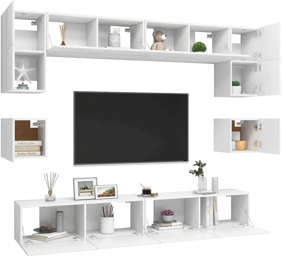 TV staliukas Televizoriaus spintelių komplektas, 8 dalių, baltas, mediena