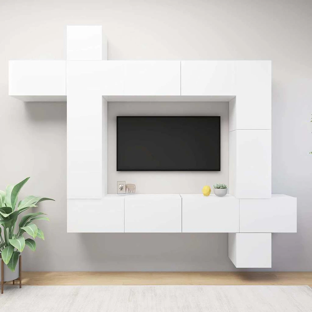TV staliukas Televizoriaus spintelių komplektas, 9 dalių, baltas, mediena