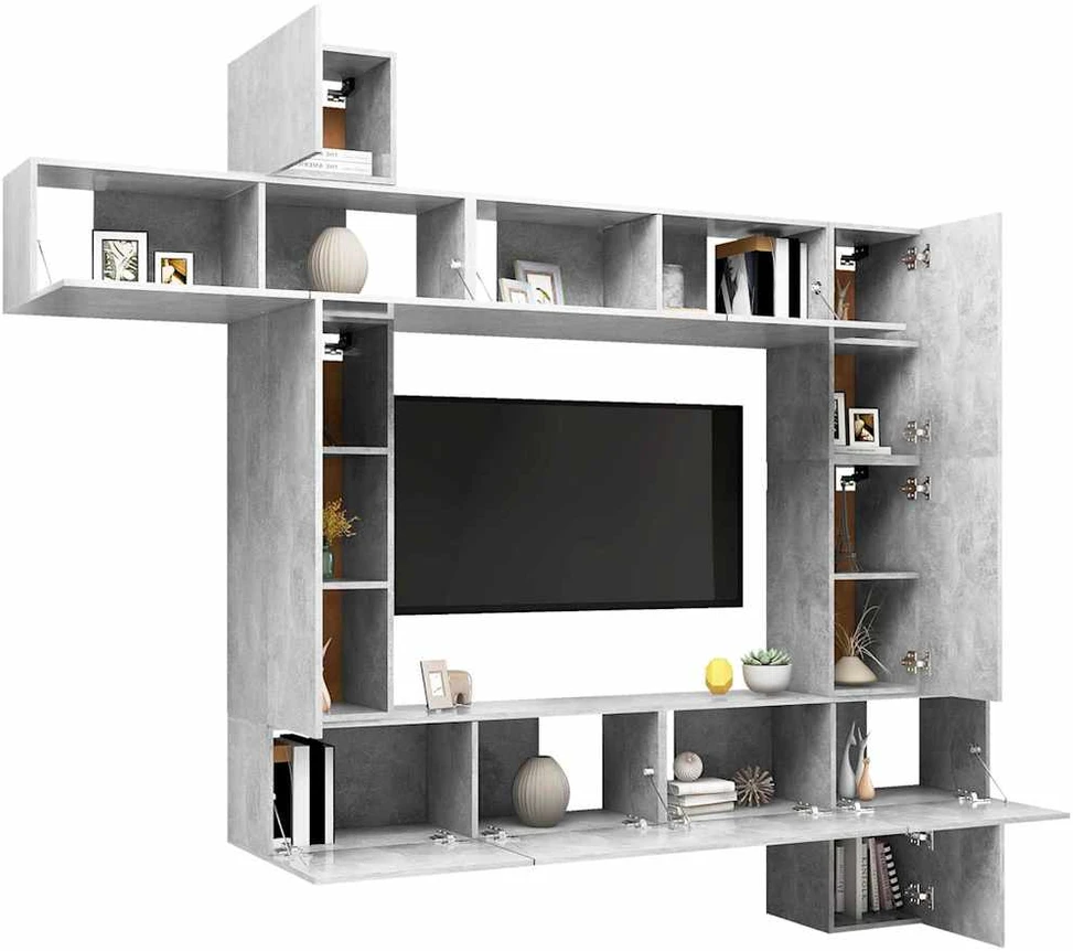 TV staliukas Televizoriaus spintelių komplektas, 9 dalių, betono, mediena