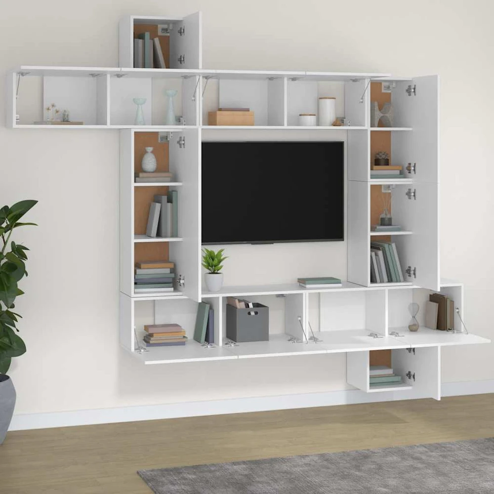 TV staliukas Televizoriaus spintelių komplektas, 9 dalių, baltas, mediena