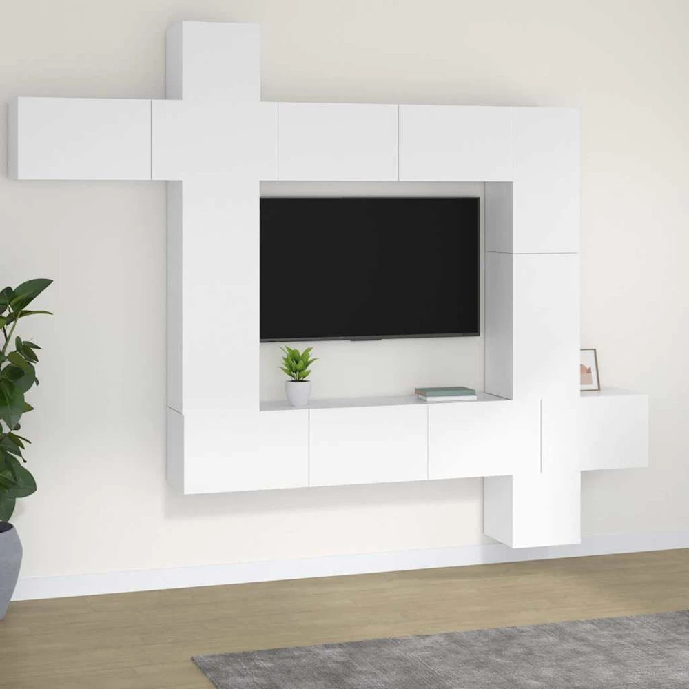 TV staliukas Televizoriaus spintelių komplektas, 9 dalių, baltas, mediena