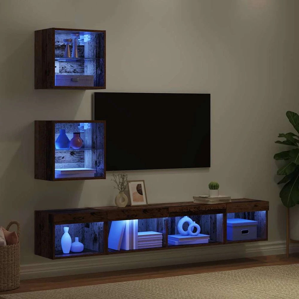 TV staliukas Televizorių sieniniai baldai su LED 5 vnt. Sena mediena