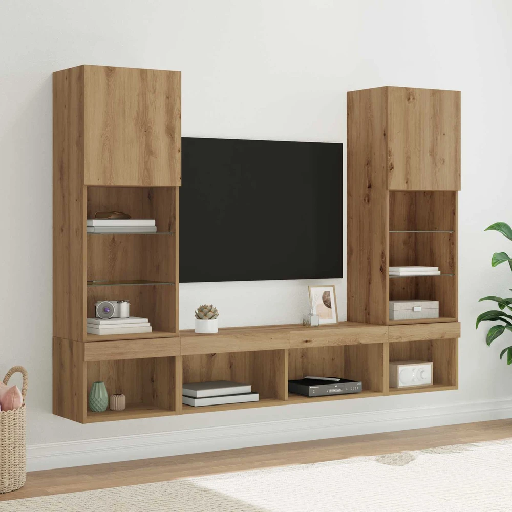 TV staliukas Televizorių sieniniai baldai su LED 5 vnt. Amatininkų ąžuolas