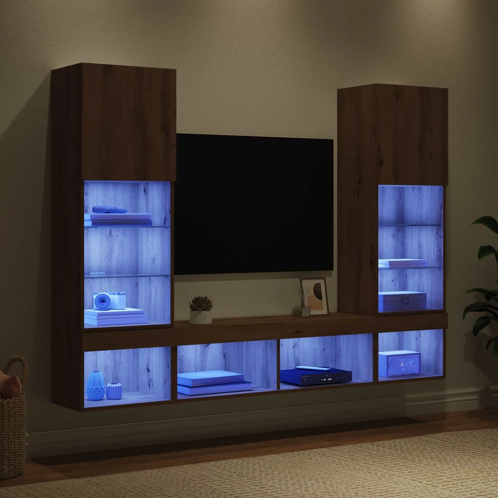 TV staliukas Televizorių sieniniai baldai su LED 5 vnt. Amatininkų ąžuolas