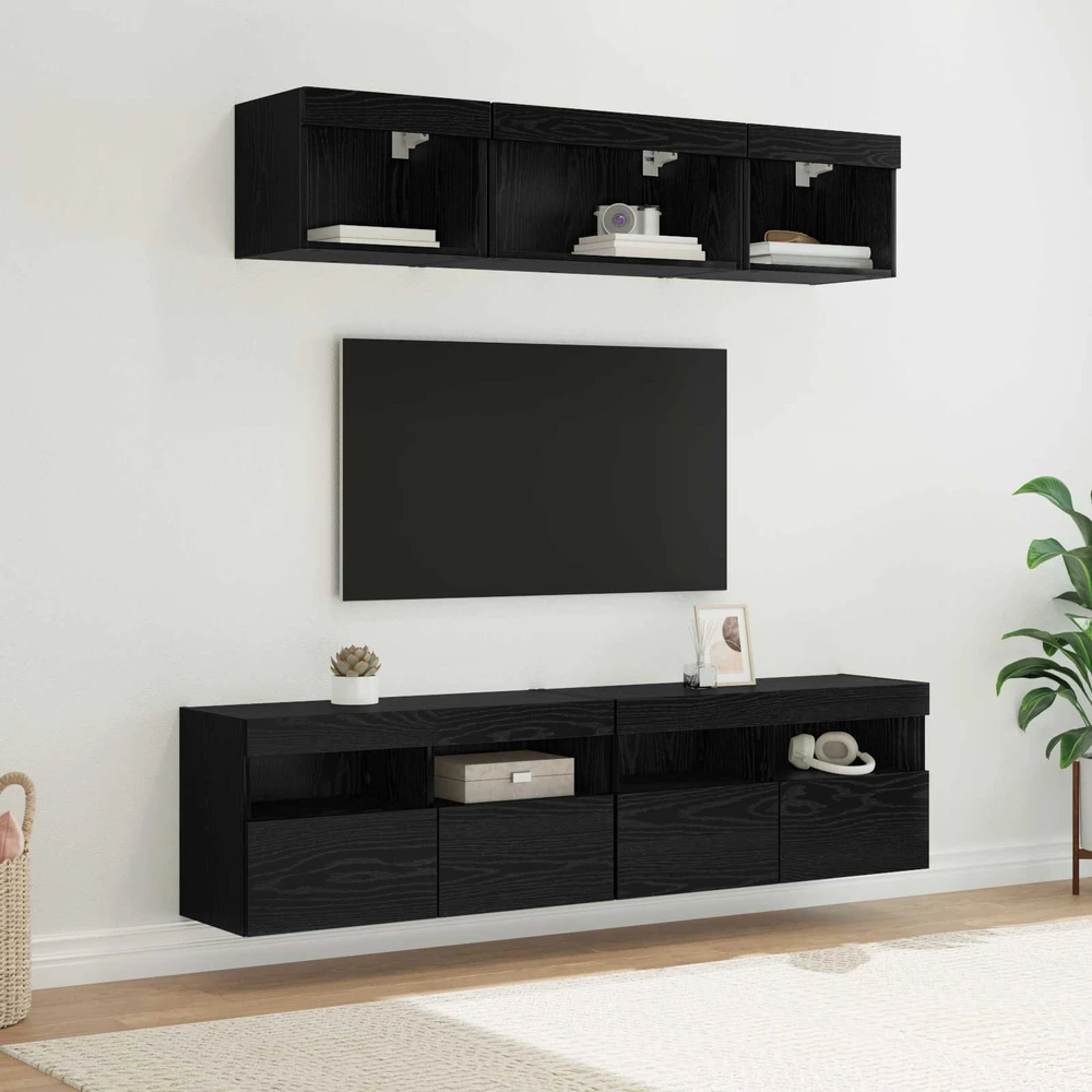 TV staliukas Televizorių sieniniai baldai su LED 5 vnt. Juodas ąžuolas