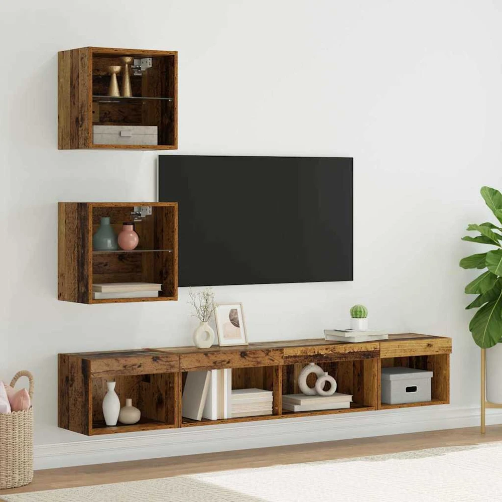 TV staliukas Televizorių sieniniai baldai su LED 5 vnt. Sena mediena