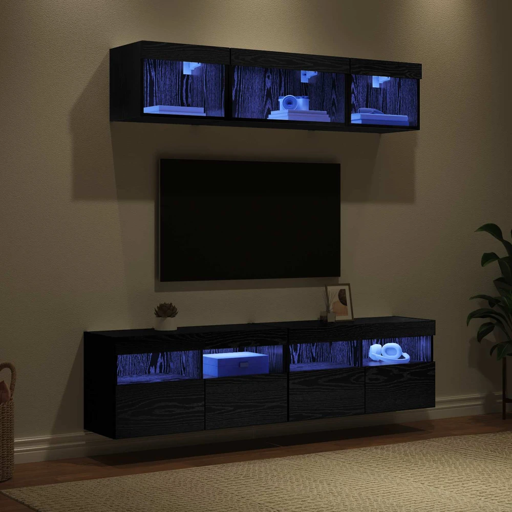 TV staliukas Televizorių sieniniai baldai su LED 5 vnt. Juodas ąžuolas