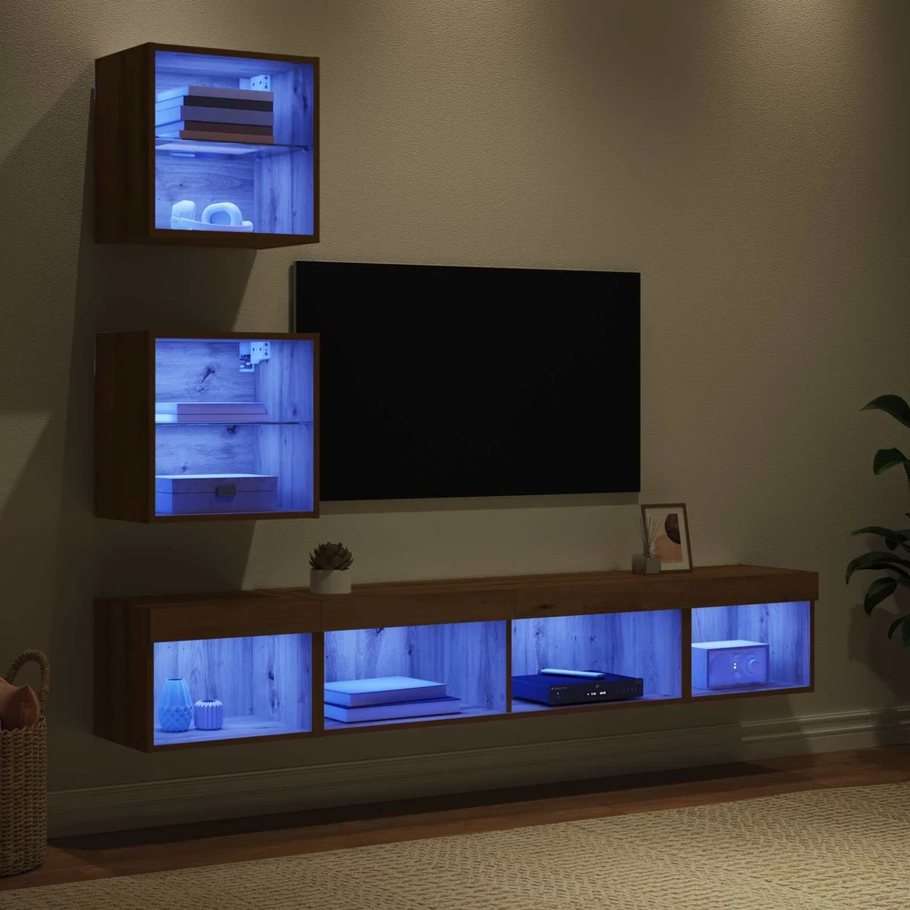 TV staliukas Televizorių sieniniai baldai su LED 5 vnt. Amatininkų ąžuolas