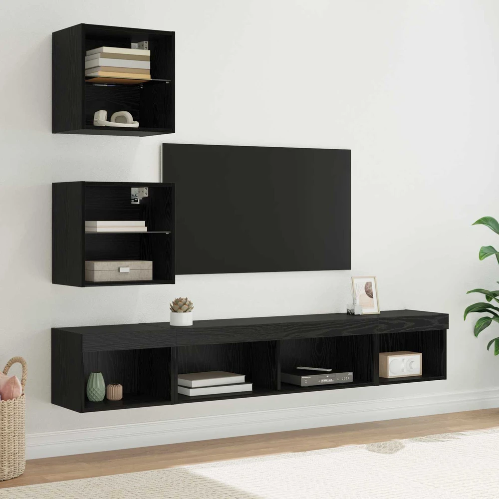 TV staliukas Televizorių sieniniai baldai su LED 5 vnt. Juodas ąžuolas