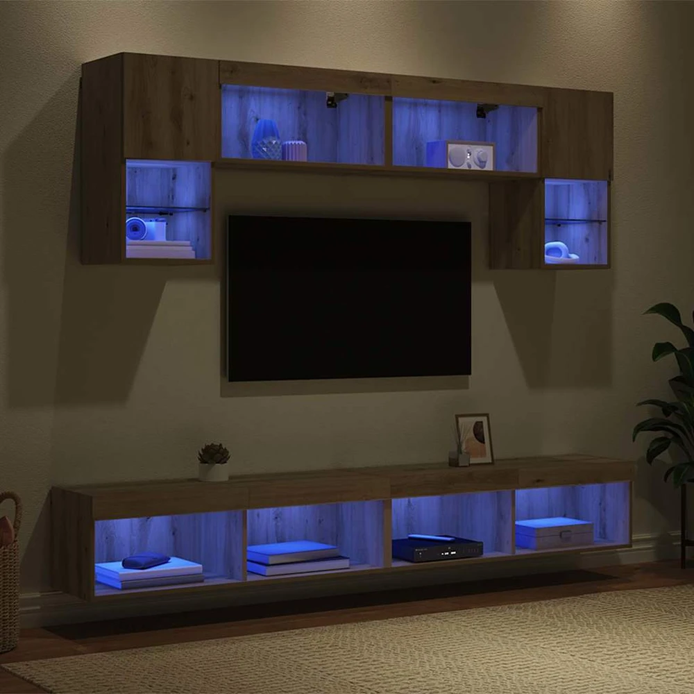 TV staliukas Televizorių sieniniai baldai su LED 6 vnt. Amatininkų ąžuolas