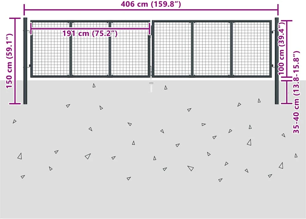 Tinkliniai sodo vartai, pilki, 400x150cm, galvanizuotas plienas