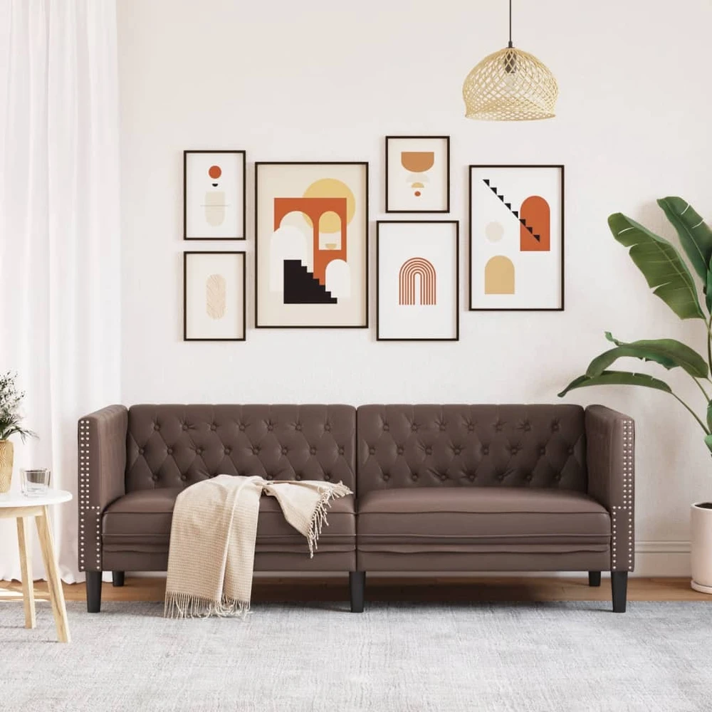 Trivietė chesterfield sofa, rudos spalvos, dirbtinė oda