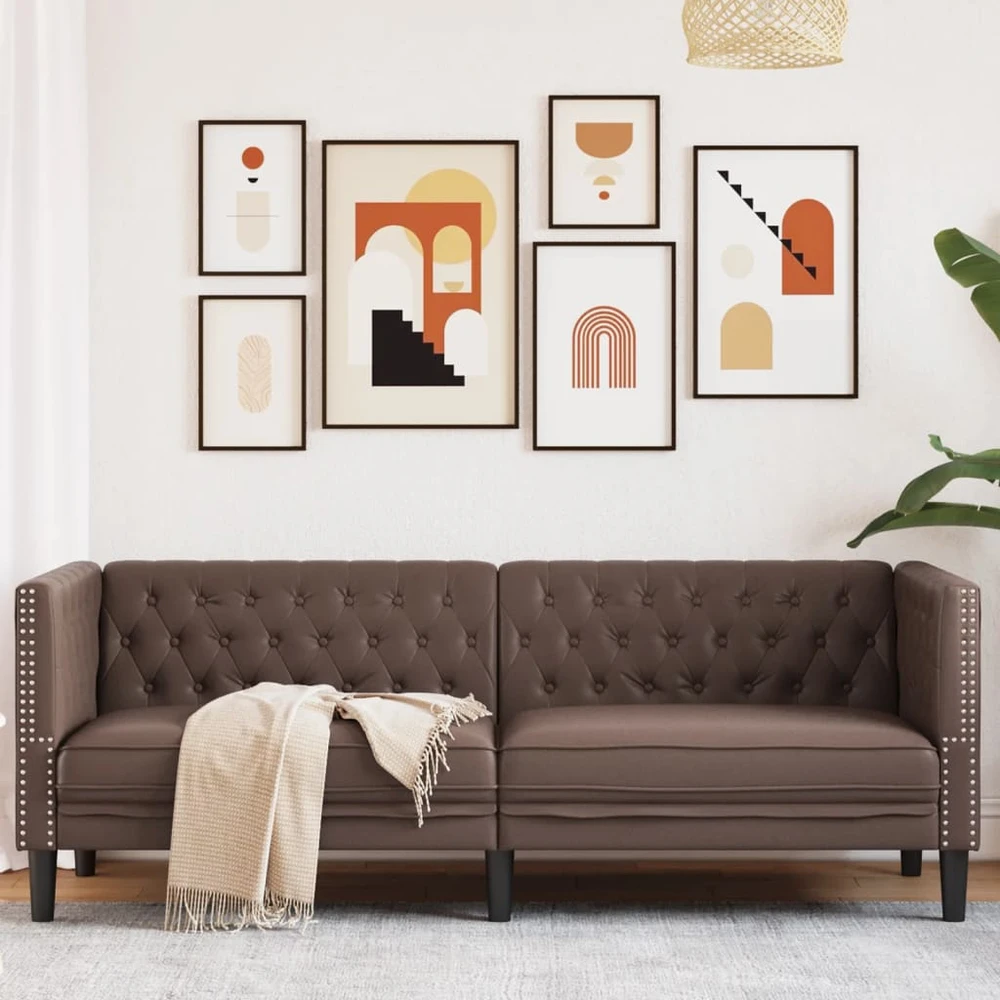 Trivietė chesterfield sofa, rudos spalvos, dirbtinė oda