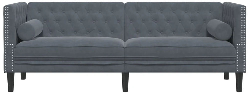 Trivietė chesterfield sofa su pagalvėlėmis, pilka, aksomas