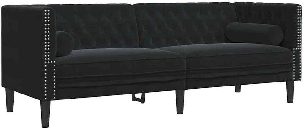 Trivietė chesterfield sofa su pagalvėlėmis, juoda, aksomas