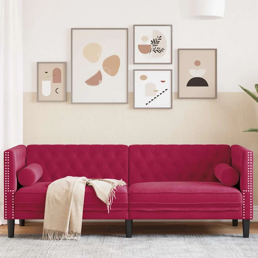 Trivietė chesterfield sofa su pagalvėlėmis, raudona, aksomas