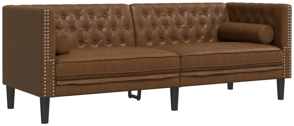 Trivietė chesterfield sofa su pagalvėlėmis, ruda, dirbtinė oda