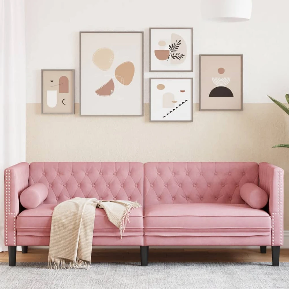 Trivietė chesterfield sofa su pagalvėlėmis, rožinė, aksomas