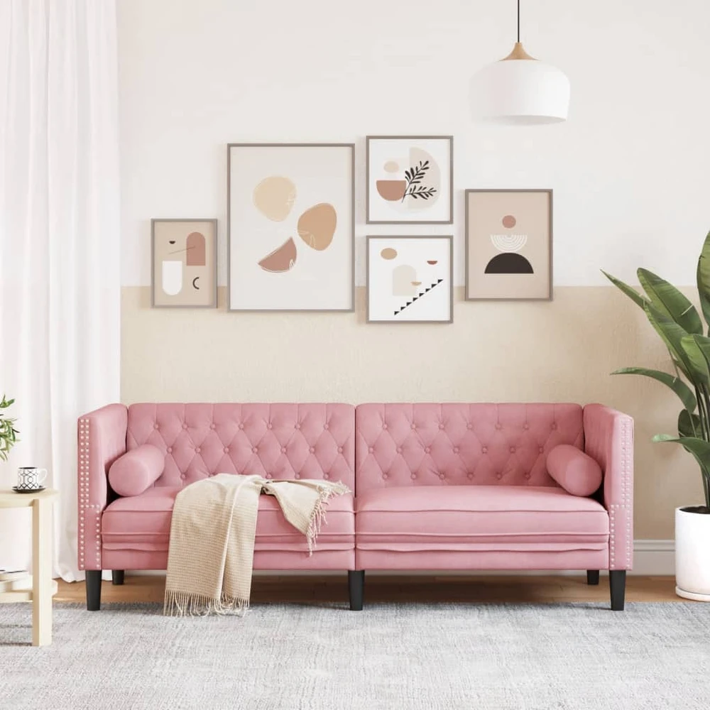 Trivietė chesterfield sofa su pagalvėlėmis, rožinė, aksomas