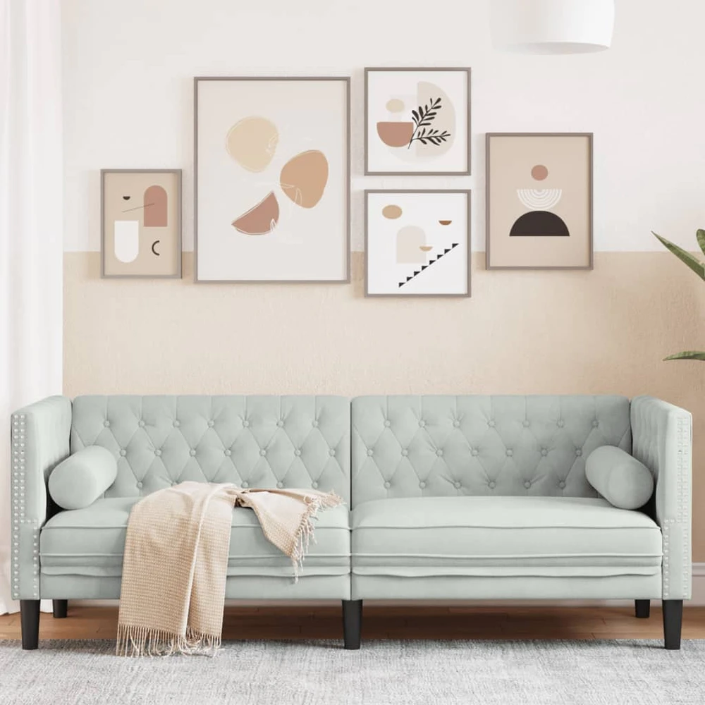 Trivietė chesterfield sofa su pagalvėlėmis, pilka, aksomas