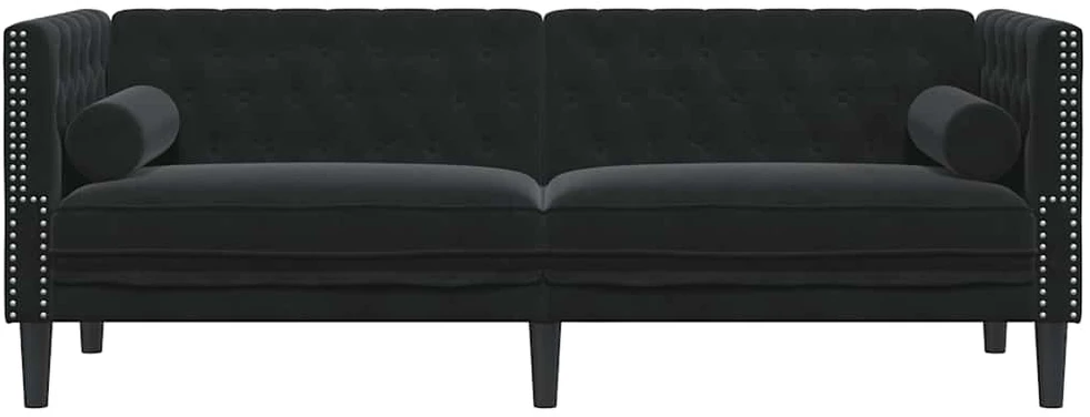 Trivietė chesterfield sofa su pagalvėlėmis, juoda, aksomas