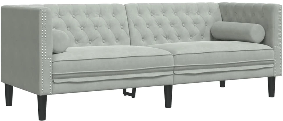 Trivietė chesterfield sofa su pagalvėlėmis, pilka, aksomas