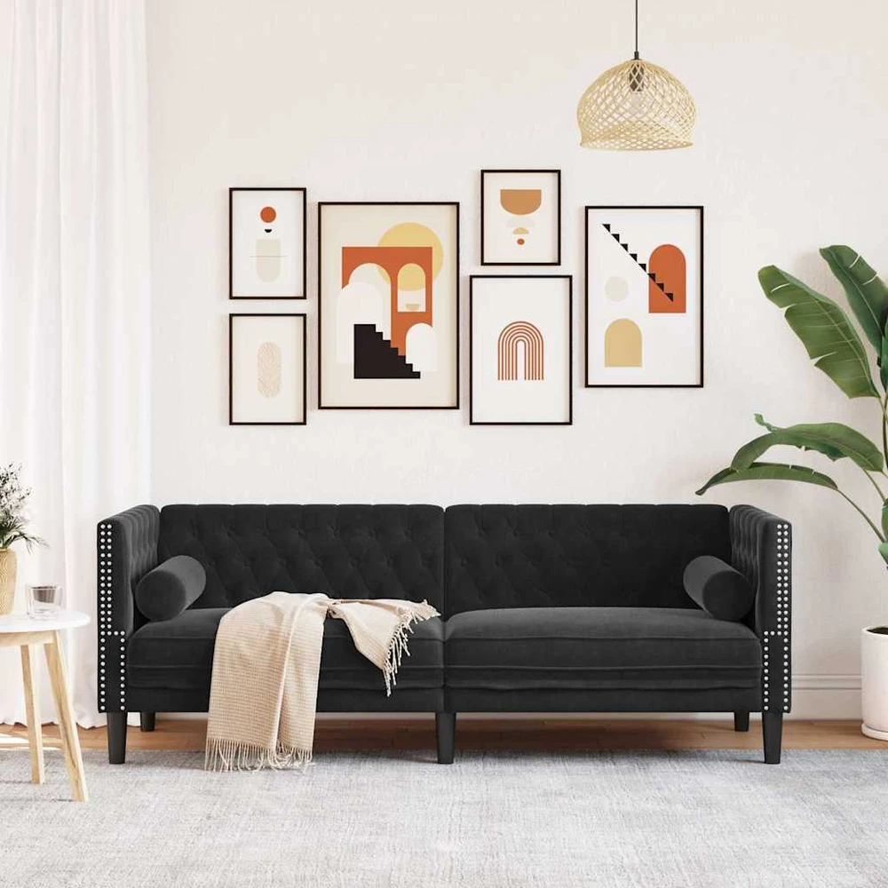 Trivietė chesterfield sofa su pagalvėlėmis, juoda, aksomas