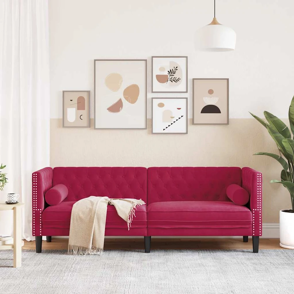 Trivietė chesterfield sofa su pagalvėlėmis, raudona, aksomas