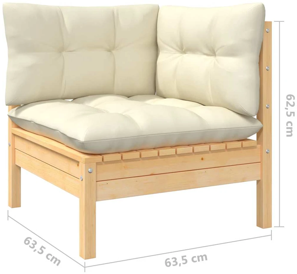 Trivietė sodo sofa su kreminėmis pagalvėlėmis, pušies masyvas