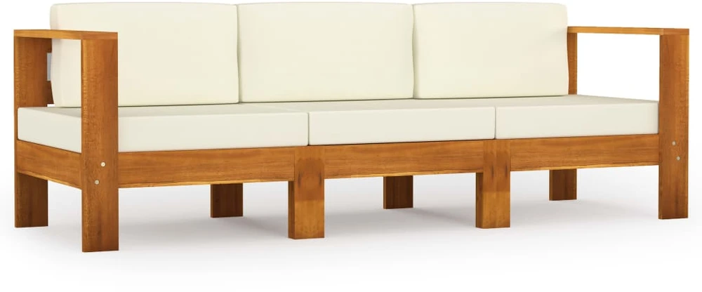 Trivietė sodo sofa su kreminėmis pagalvėmis, akacijos masyvas