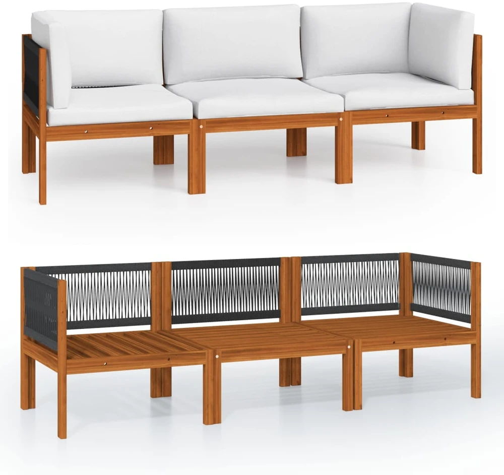 Trivietė sodo sofa su pagalvėlėmis, akacijos medienos masyvas