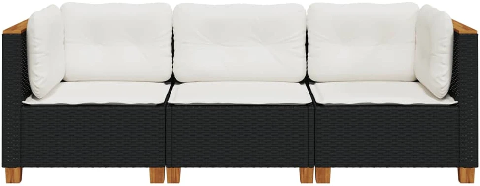 Trivietė sodo sofa su pagalvėlėmis, juodos spalvos, poliratanas