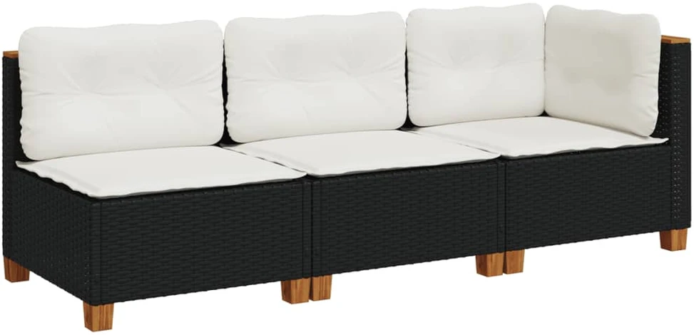 Trivietė sodo sofa su pagalvėlėmis, juodos spalvos, poliratanas