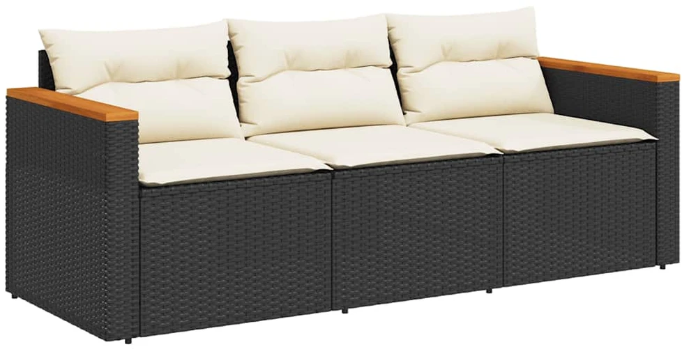 Trivietė sodo sofa su pagalvėlėmis, juodos spalvos, poliratanas