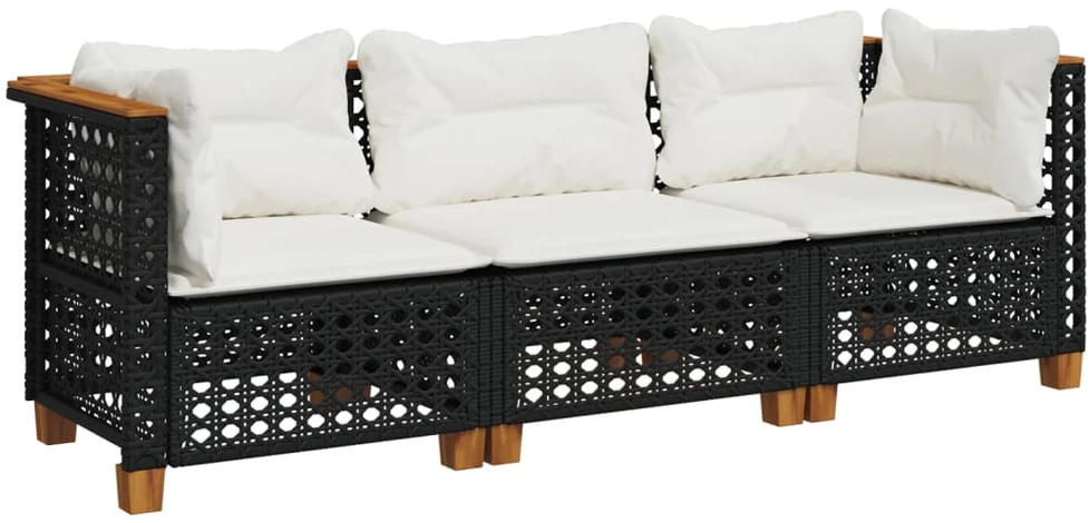 Trivietė sodo sofa su pagalvėlėmis, juodos spalvos, poliratanas