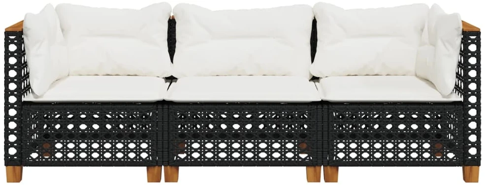 Trivietė sodo sofa su pagalvėlėmis, juodos spalvos, poliratanas