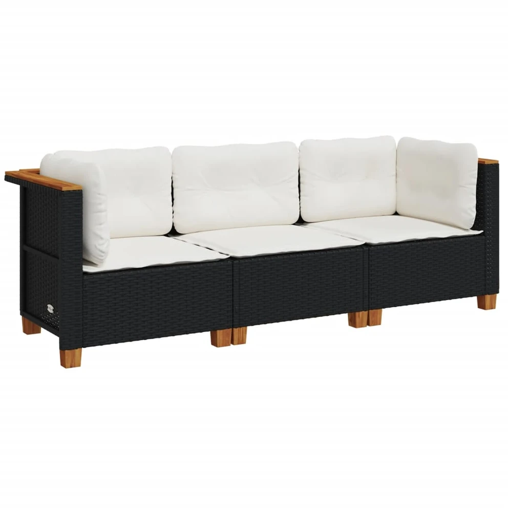 Trivietė sodo sofa su pagalvėlėmis, juodos spalvos, poliratanas
