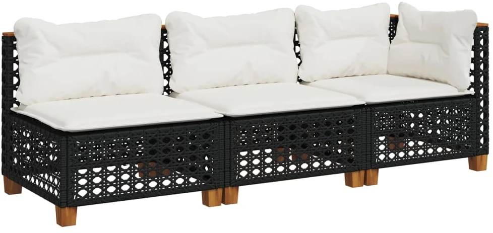 Trivietė sodo sofa su pagalvėlėmis, juodos spalvos, poliratanas