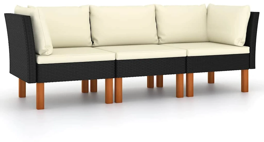 Trivietė sodo sofa su pagalvėlėmis, juodos spalvos, poliratanas