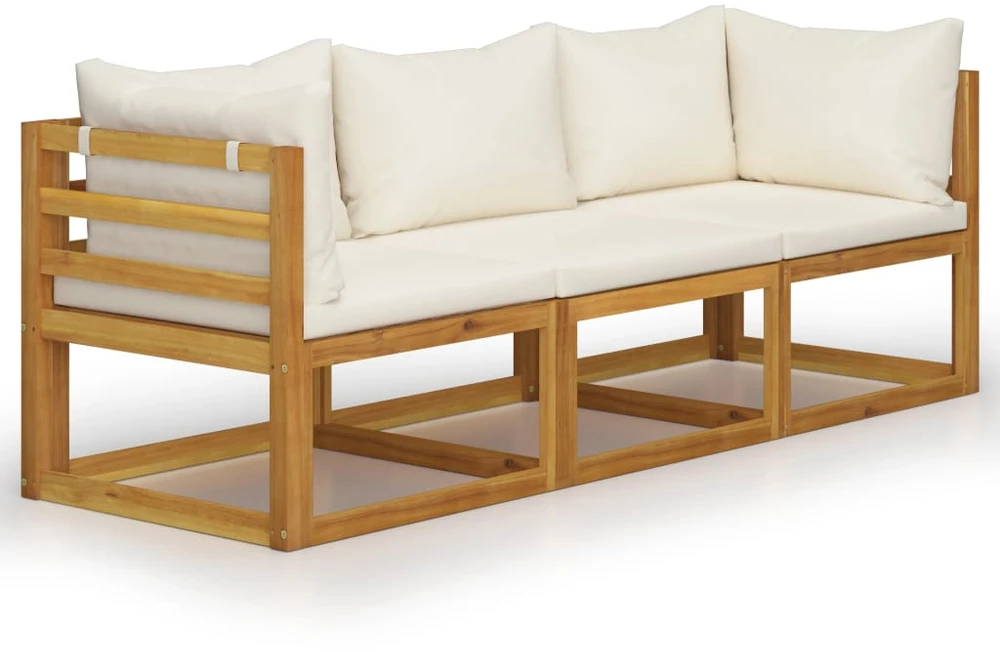 Trivietė sodo sofa su pagalvėlėmis, kreminė, akacijos masyvas