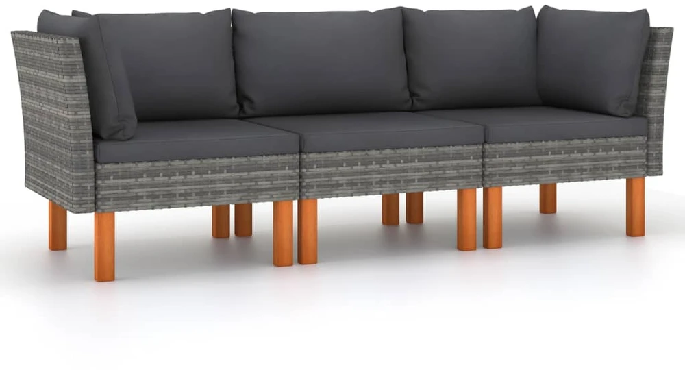 Trivietė sodo sofa su pagalvėlėmis, pilkos spalvos, poliratanas