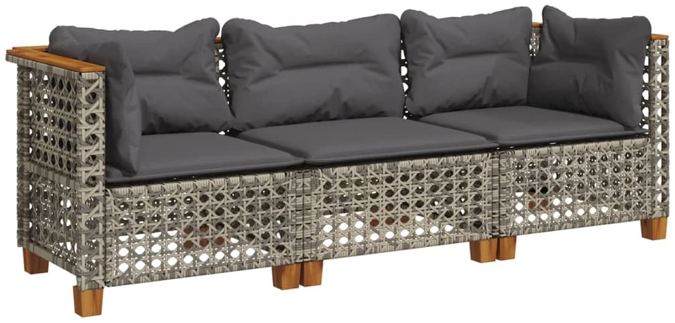 Trivietė sodo sofa su pagalvėlėmis, pilkos spalvos, poliratanas