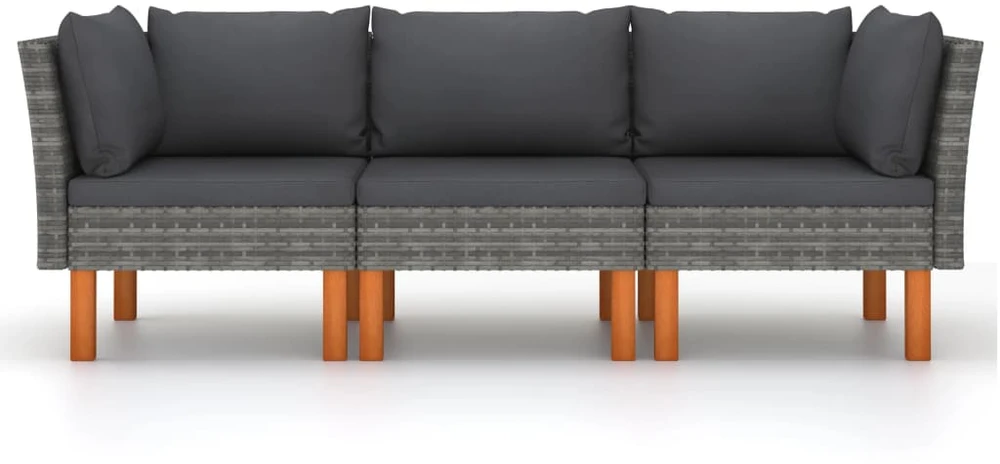 Trivietė sodo sofa su pagalvėlėmis, pilkos spalvos, poliratanas